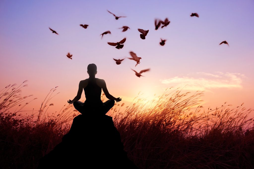 woman meditation and yoga with birds, silhouette on nature sunse woman meditation and yoga with birds, silhouette on nature sunse